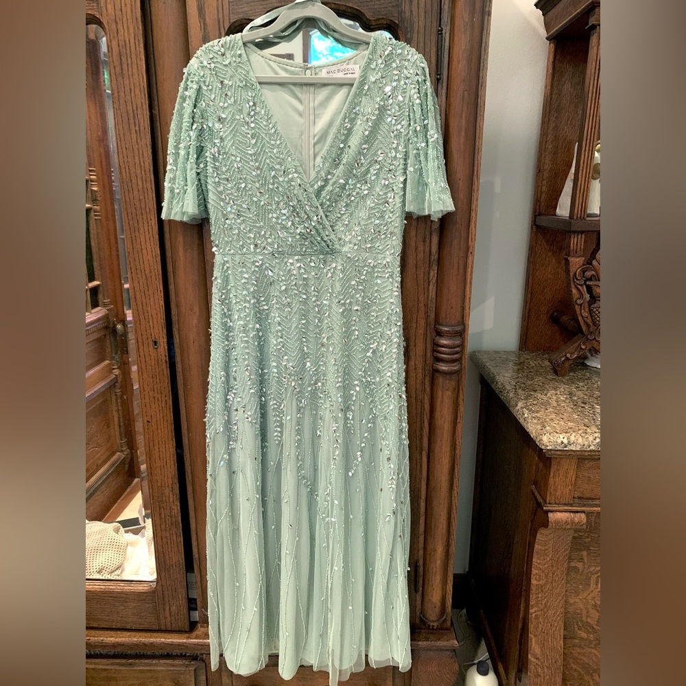Mac Duggal Sage Green Beaded Column Gown Size 6 - Embellished Dress
